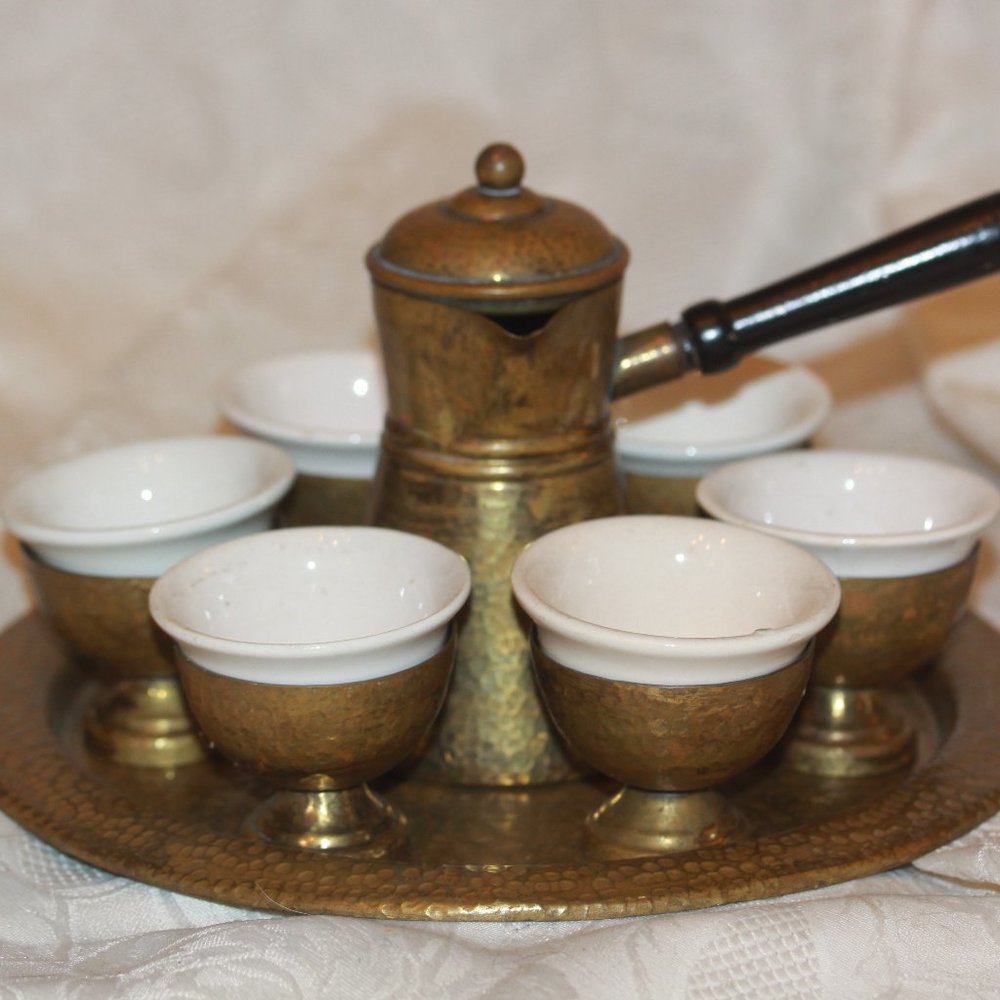 Brass Coffee Tea Pot set Arabic Islamic Middle Eastern Porcelain Insert MCM